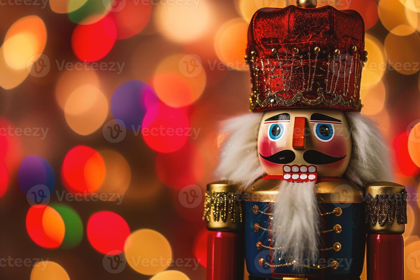 AI generated Christmas Nutcracker doll with colorful bokeh lights background photo