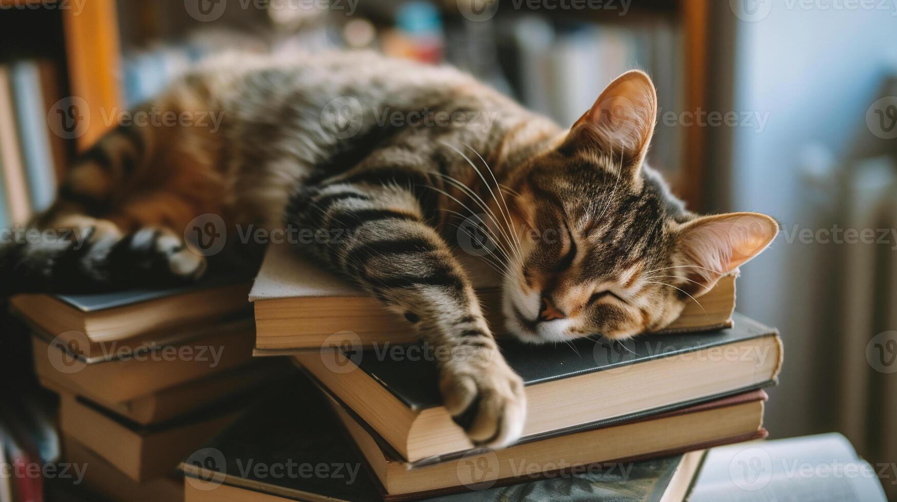 AI generated Cute cat sleeps on a stack of books. The cat is lying on the books photo