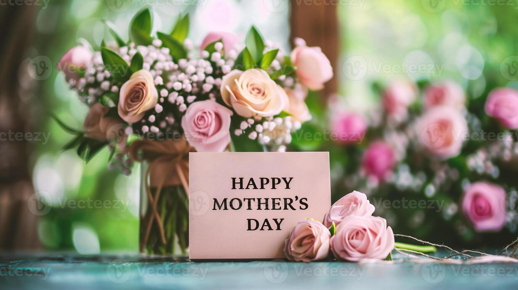 AI generated Happy Mother's Day greeting card and bouquet of pink roses photo