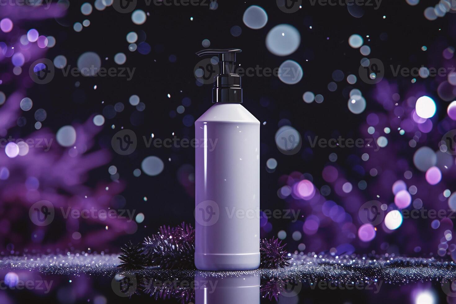 ai generado cosmético botella con dispensador en Navidad bokeh antecedentes foto