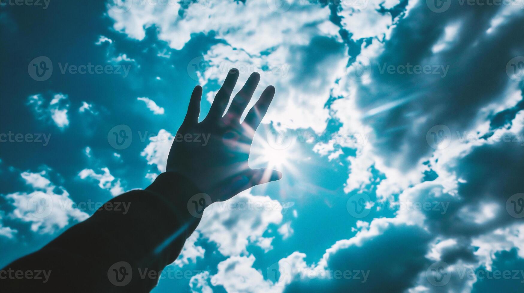 AI generated Man's hand reaching up on blue sky with white clouds background photo