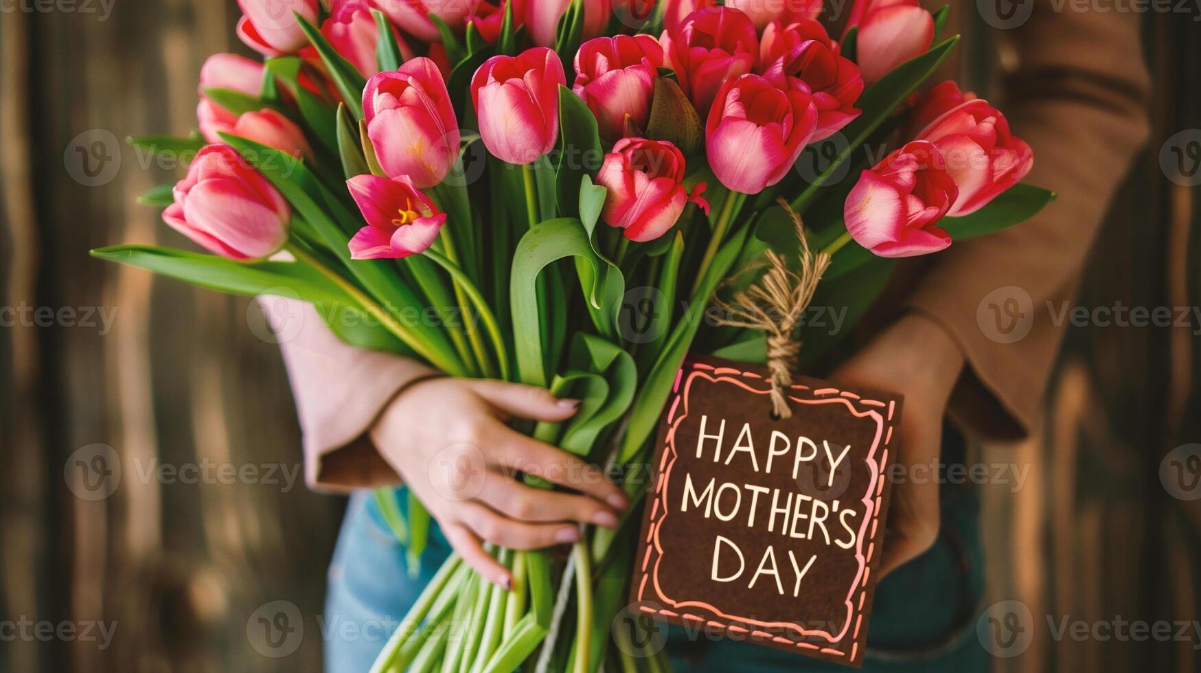 AI generated happy mother's day card with a bouquet of pink tulips photo