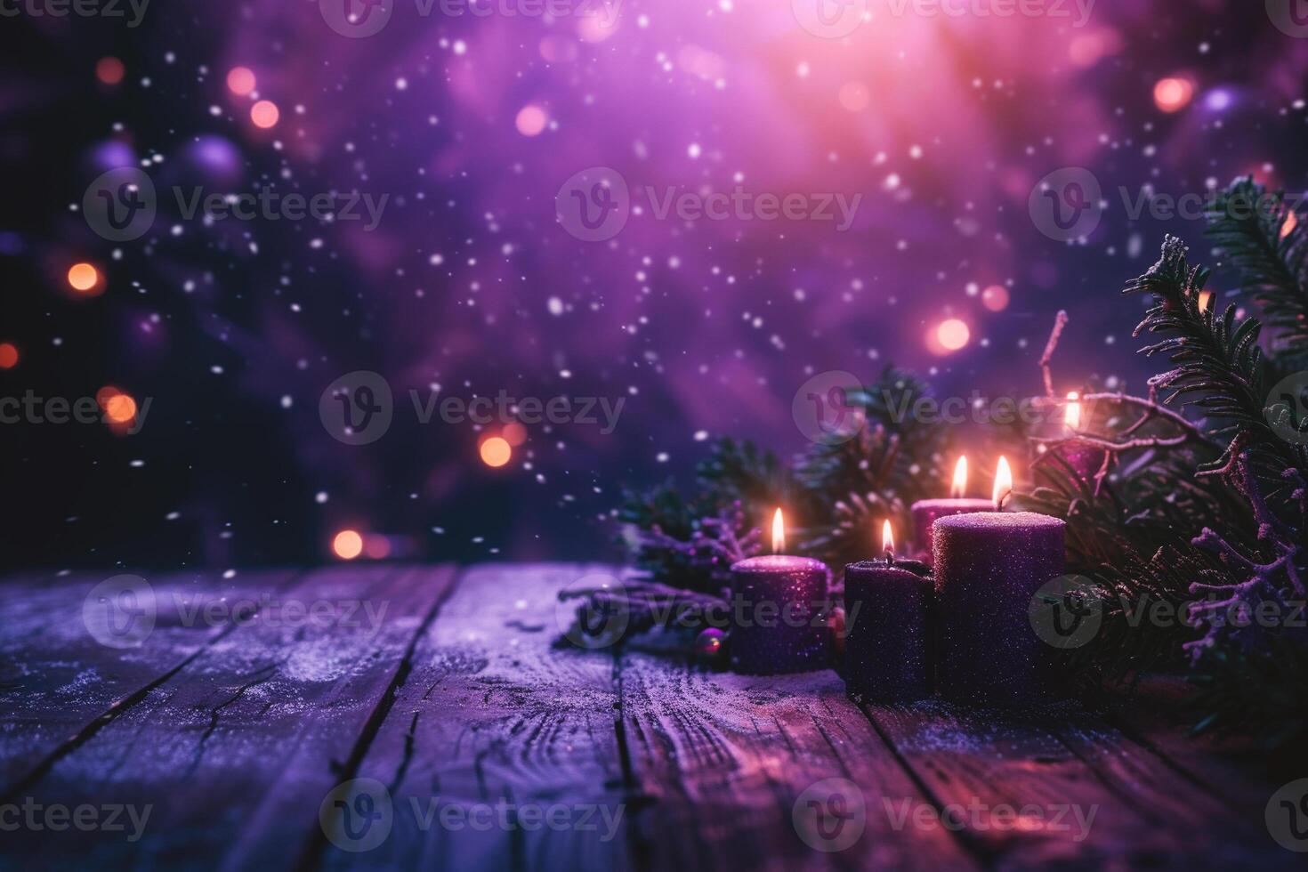 AI generated Christmas and New Year background with candles and fir branches on wooden table photo