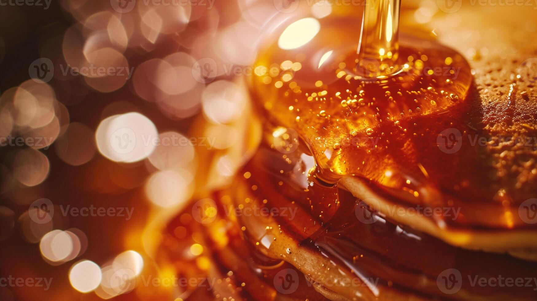 AI generated Honey dripping from a maple syrup on a stack of pancakes photo