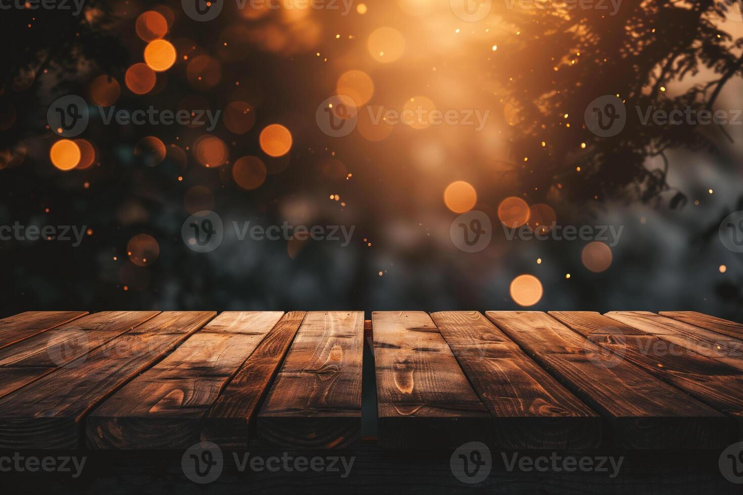AI generated Wooden table in front of blurred background with bokeh effect photo