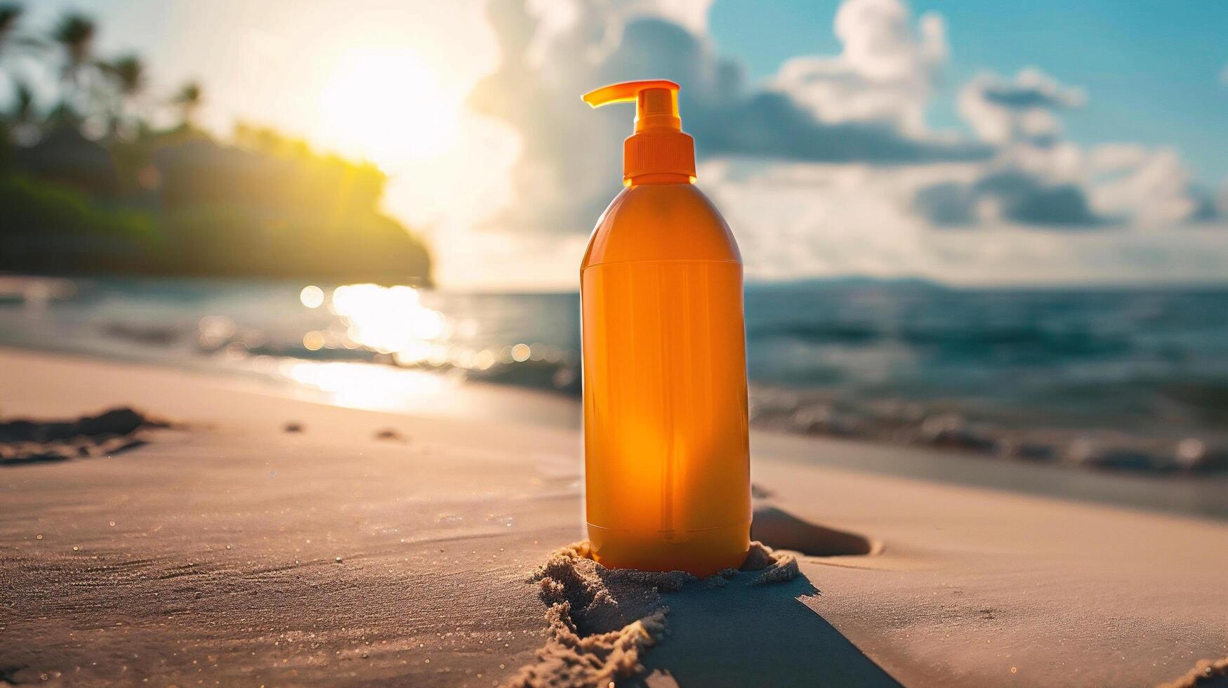 AI generated Sunscreen bottle on the beach at sunset time. Sun protection concept photo