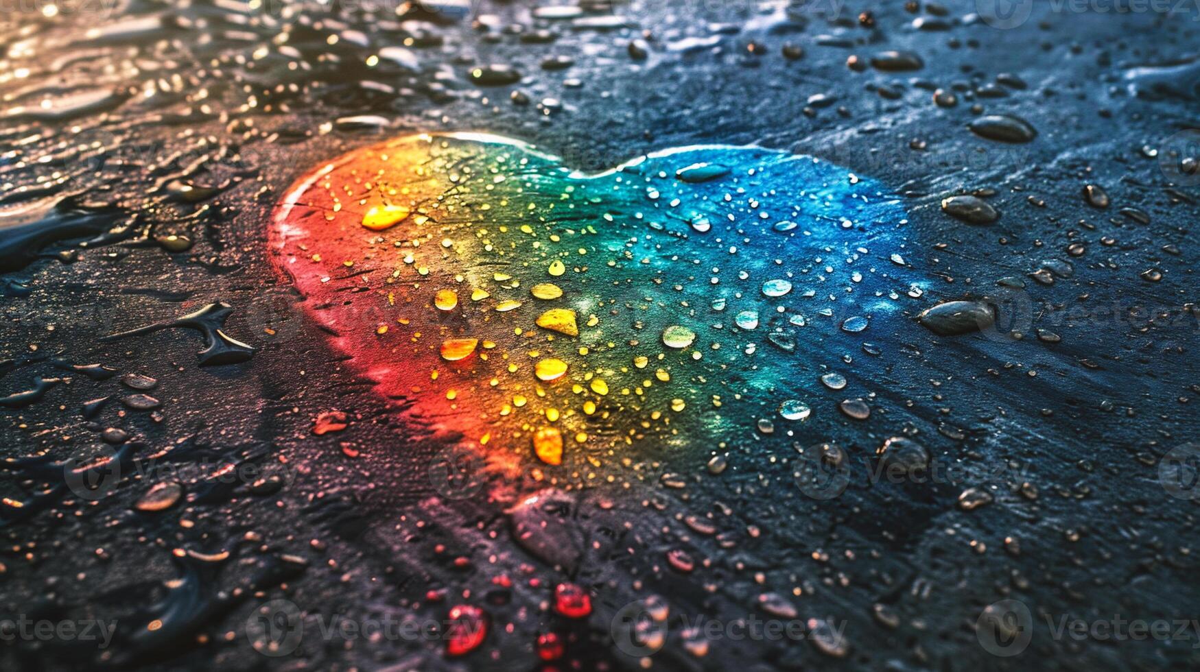 ai generado arco iris corazón en mojado asfalto antecedentes con agua gotas. san valentin día concepto foto