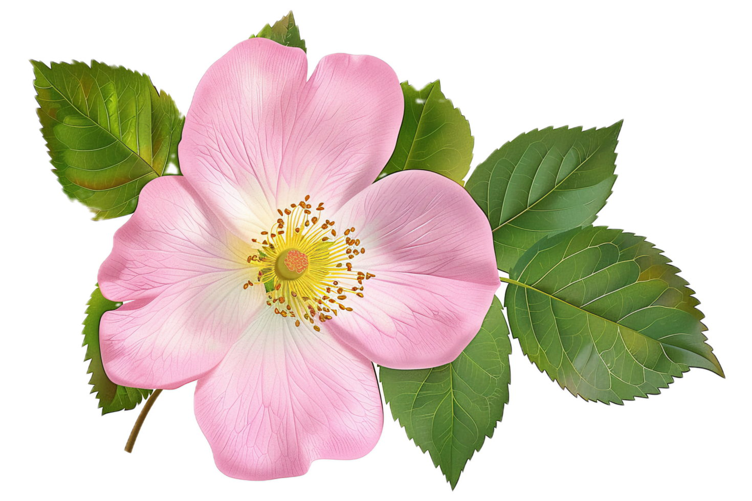 AI generated Delicate Pink Wild Rose with Leaves png