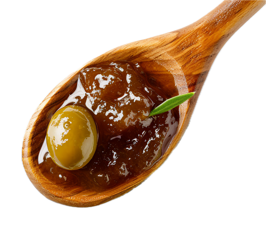 AI generated Green Olives in Oil on Wooden Spoon png