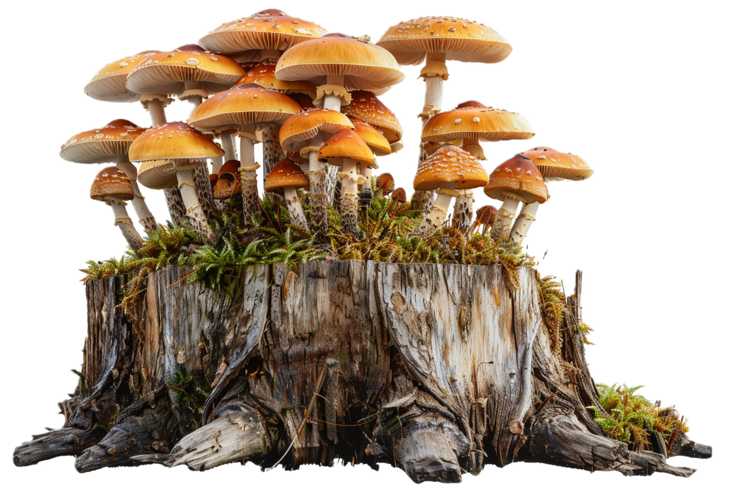 ai generato selvaggio funghi in crescita su albero ceppo png