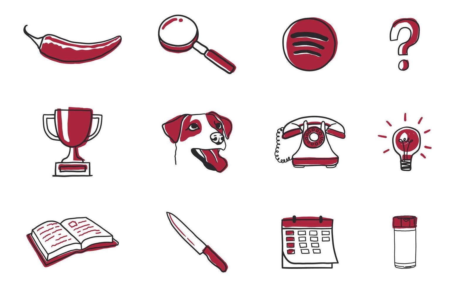 Twelve red and white icons of various objects and symbols, simple line and shape vector