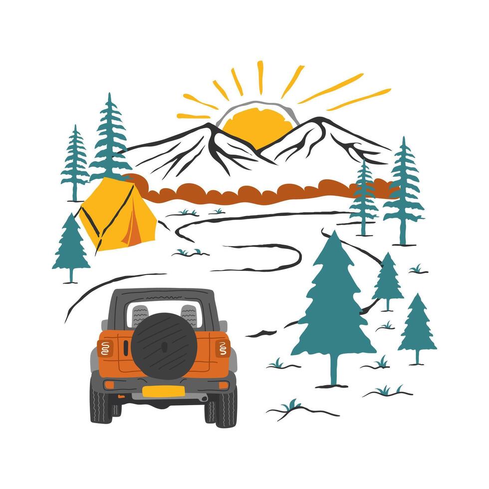 Off road vehicle and camping in the mountains. Vector illustration on a white background