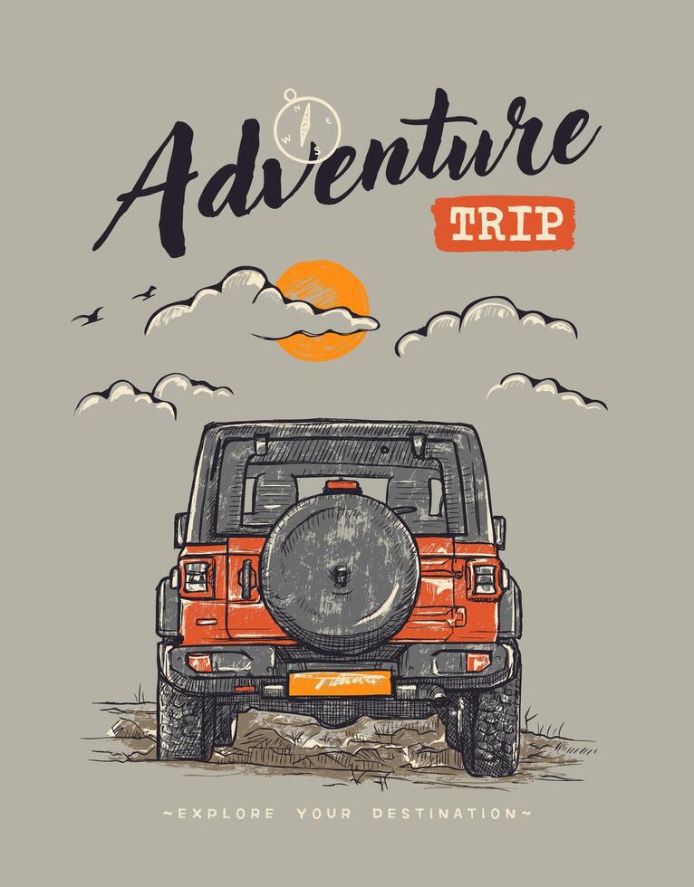 Clásico aventuras póster con un retro fuera del camino vehículo. vector ilustración