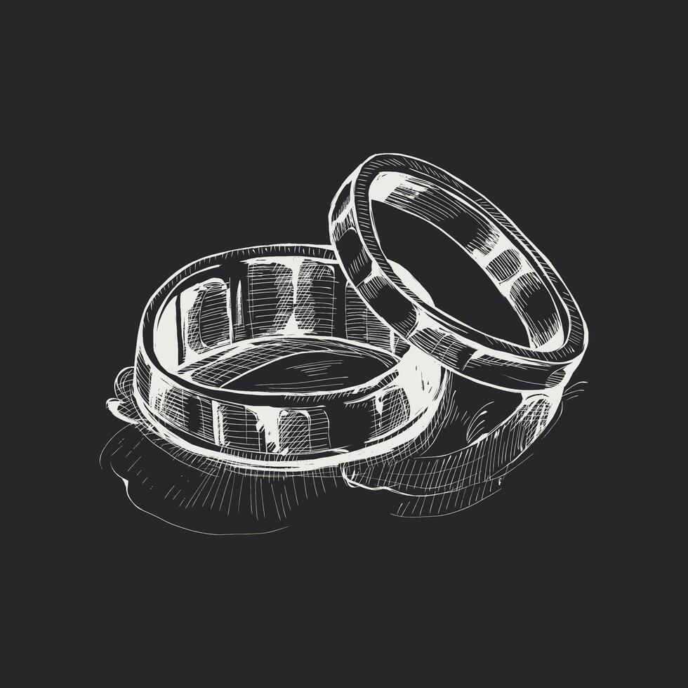 Wedding rings isolated on black background. Ink sketch vector illustration