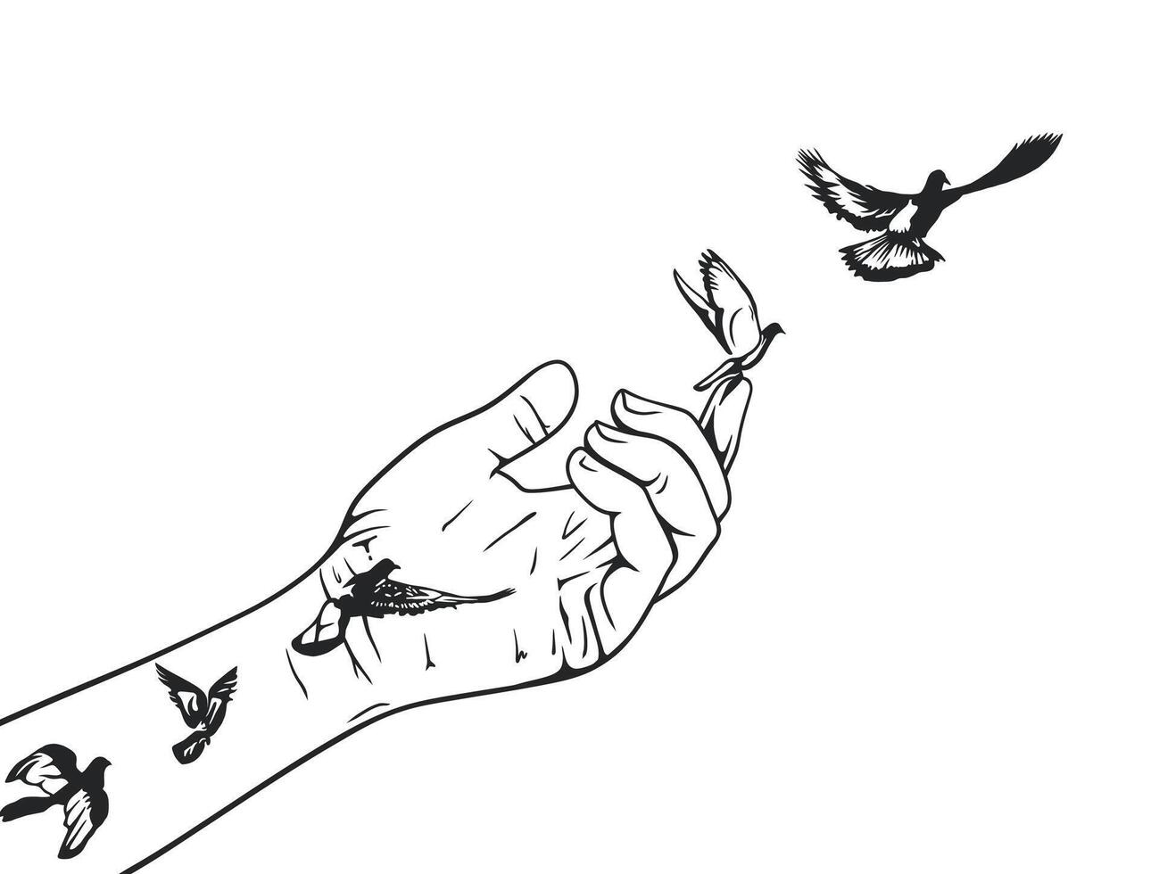 A minimalist black and white illustration depicting a hand releasing birds into the sky vector