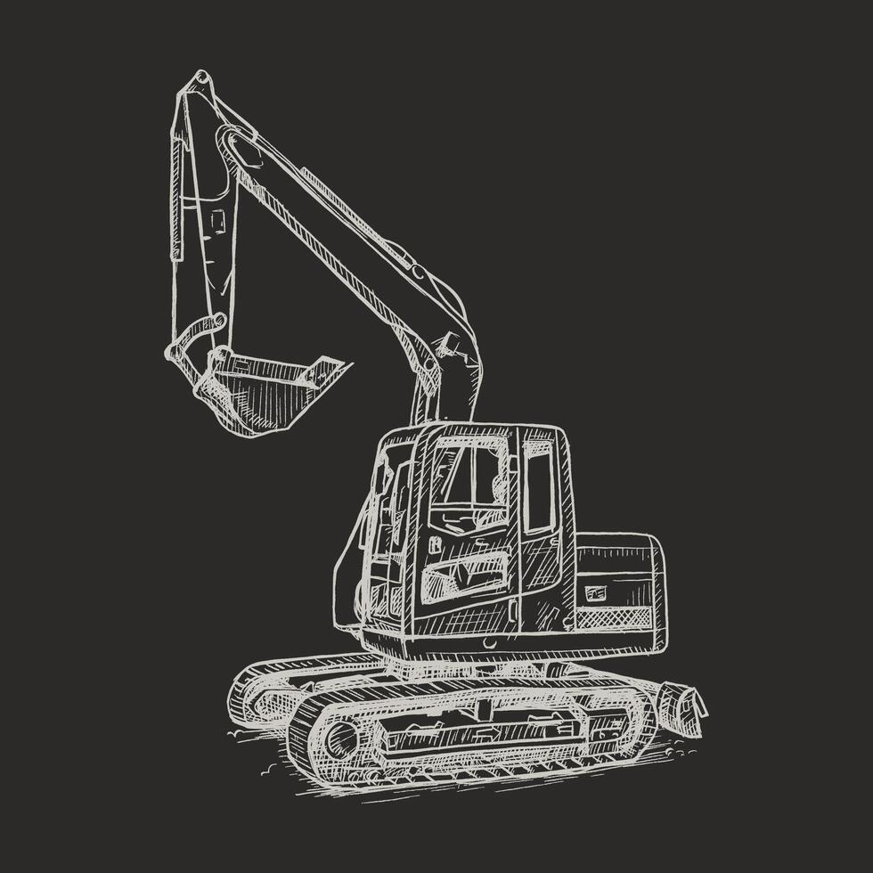 Excavator sketch isolated on black background. Hand drawn vector illustration