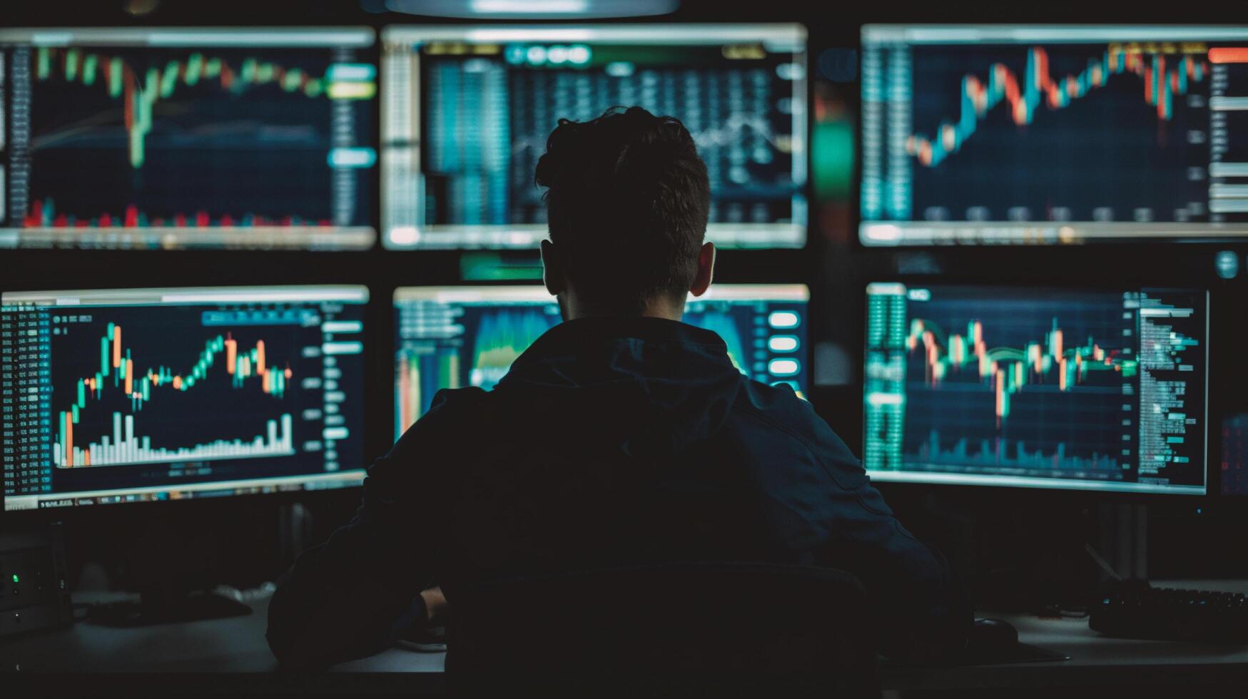 AI generated Rear view of a male trader sitting in front of the monitor with stock market data. photo