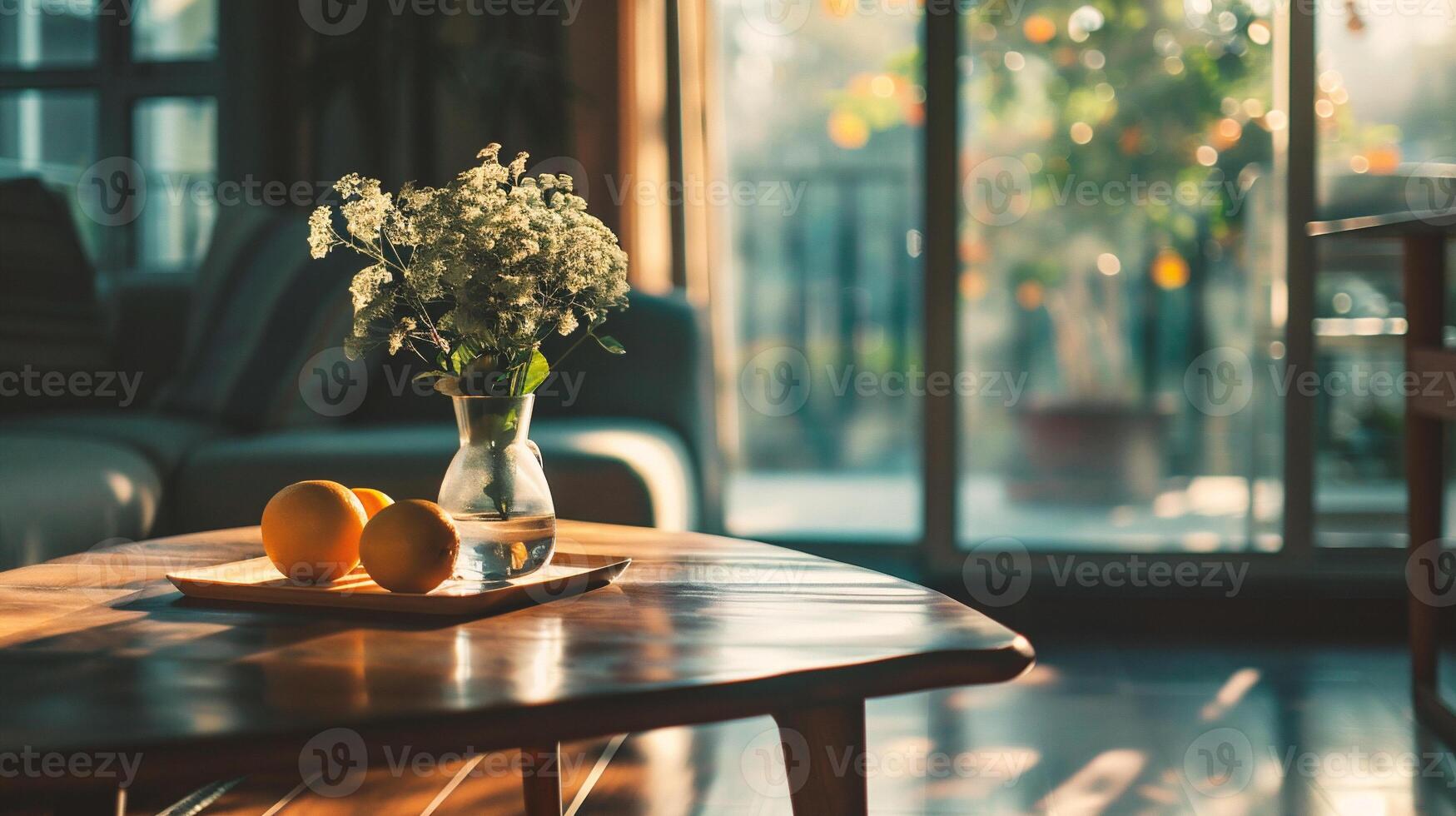 AI generated Vase of flowers on wooden table in front of window with sunlight photo