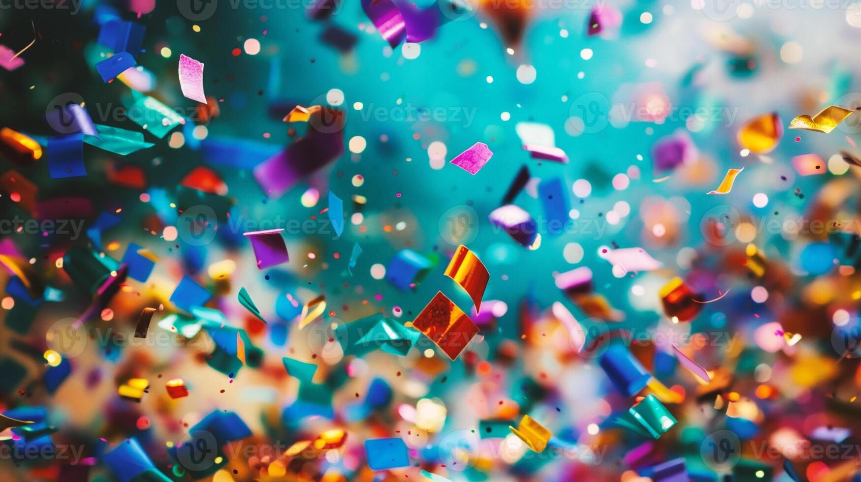AI generated Colorful confetti with bokeh effect on blue background photo