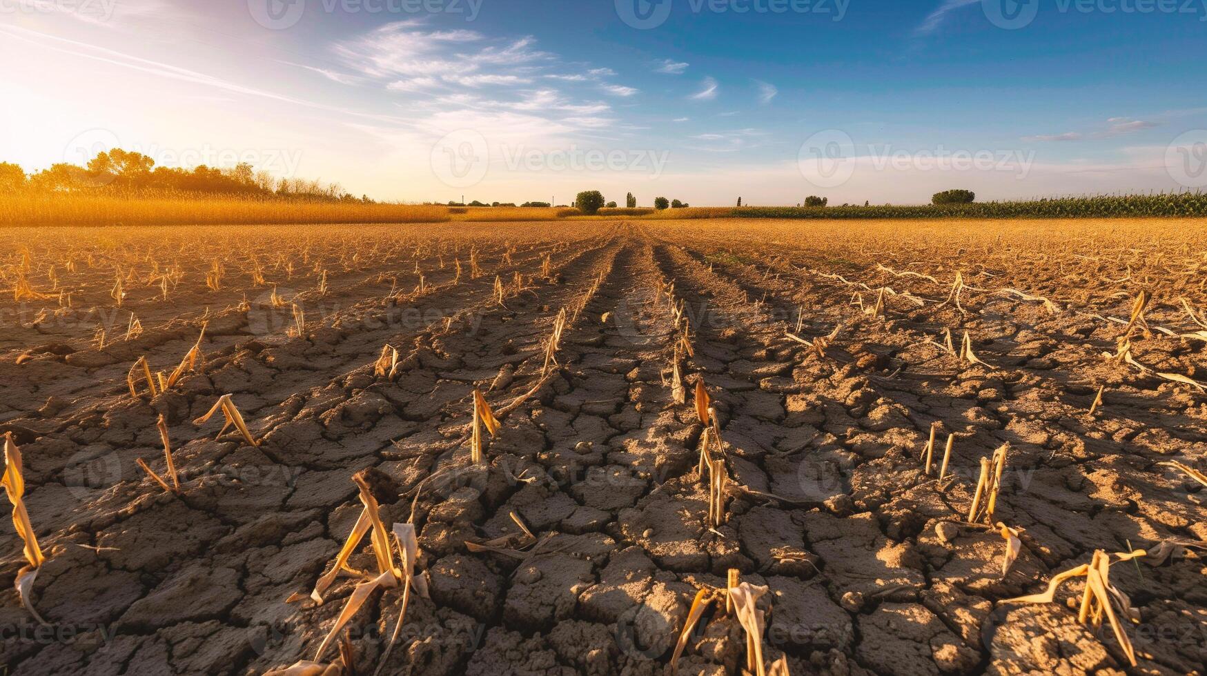 AI generated Dry soil in the field at sunset time, Global warming concept photo
