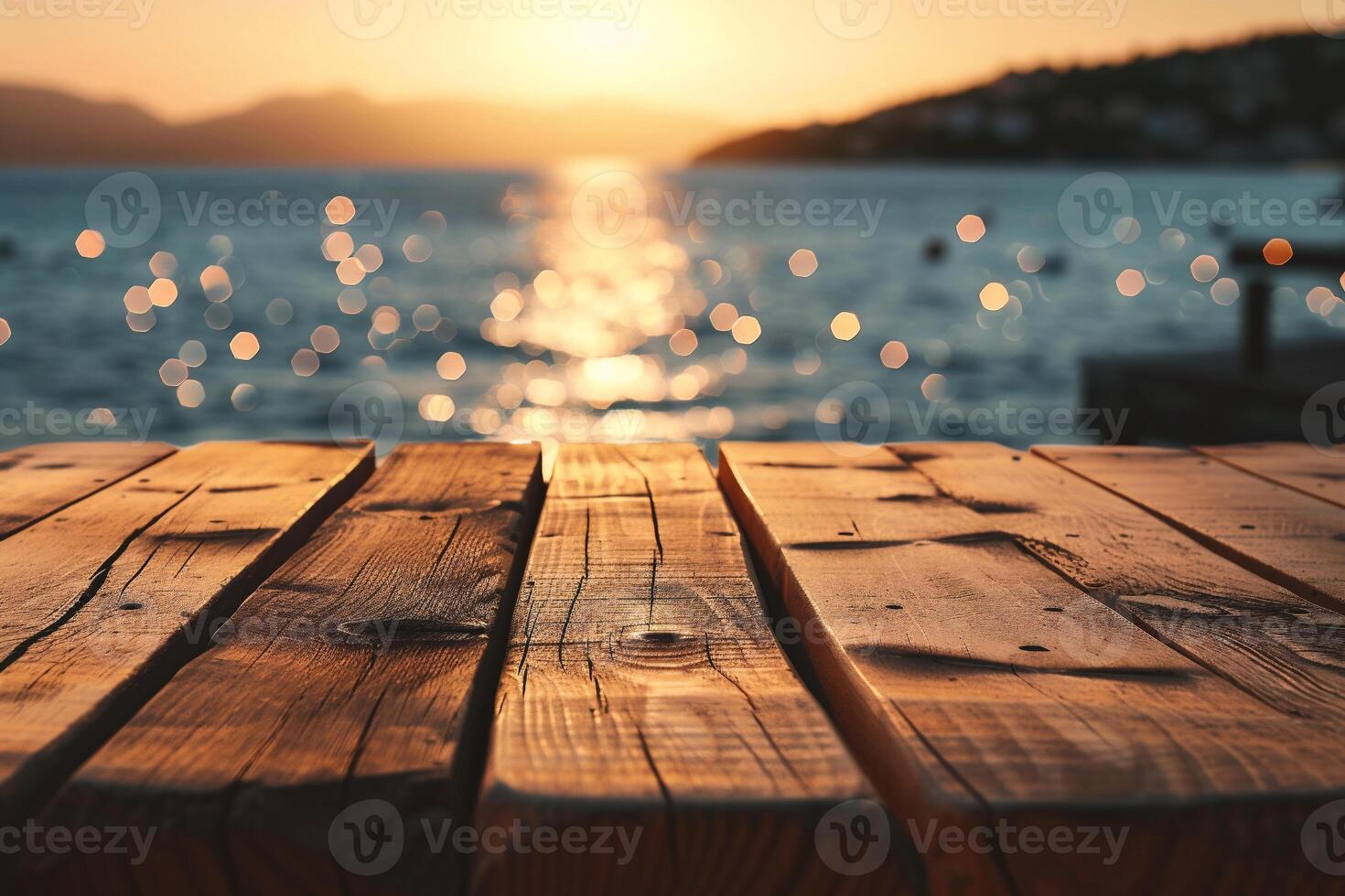 AI generated Wooden table in front of sea and sunset - can be used for display or montage your products photo