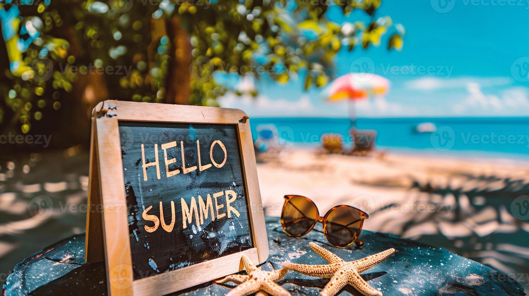 AI generated Hello Summer text on chalkboard with starfish and sunglasses on sandy beach photo