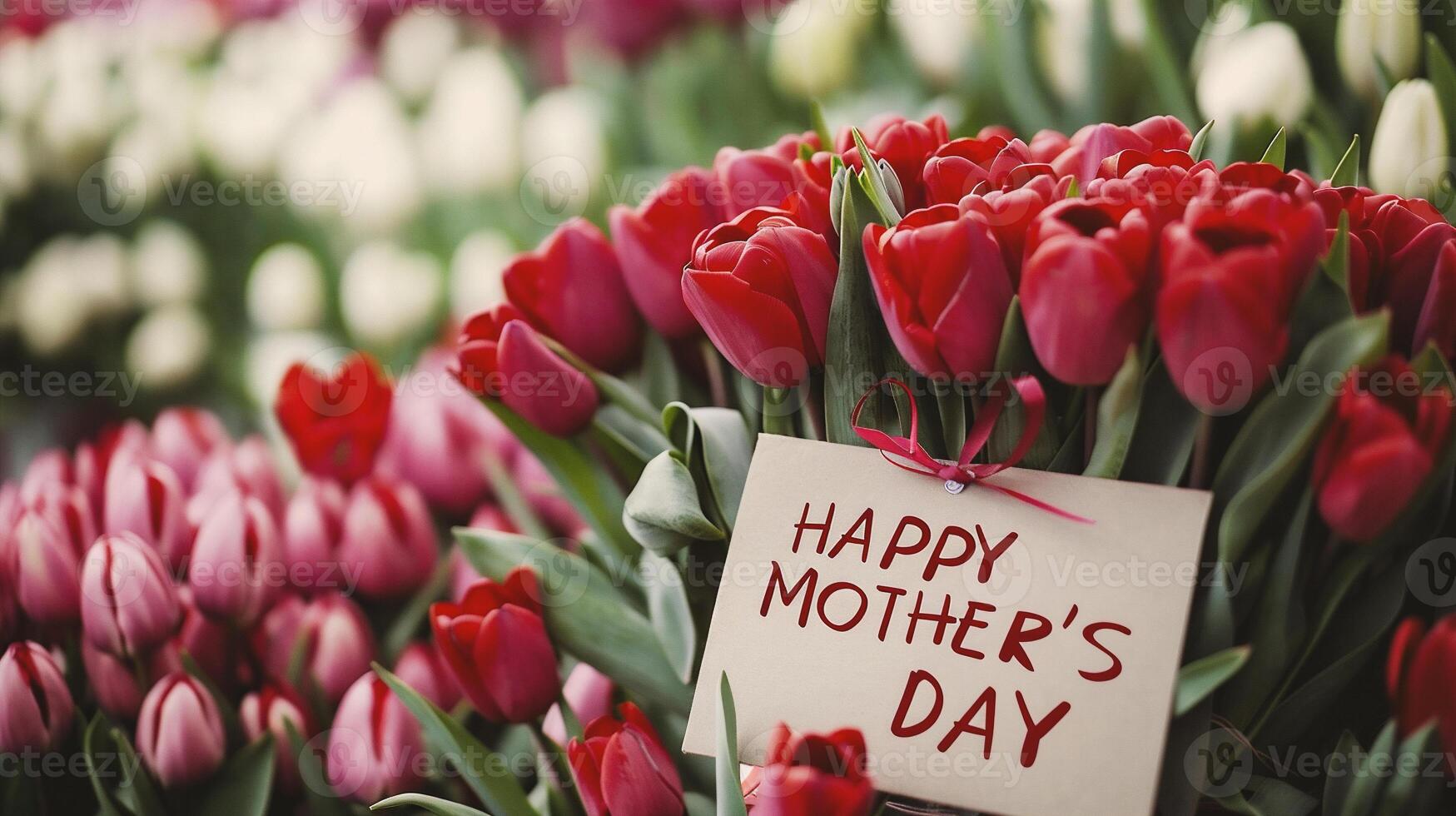 AI generated Beautiful tulips and card with text Happy Mother's Day photo