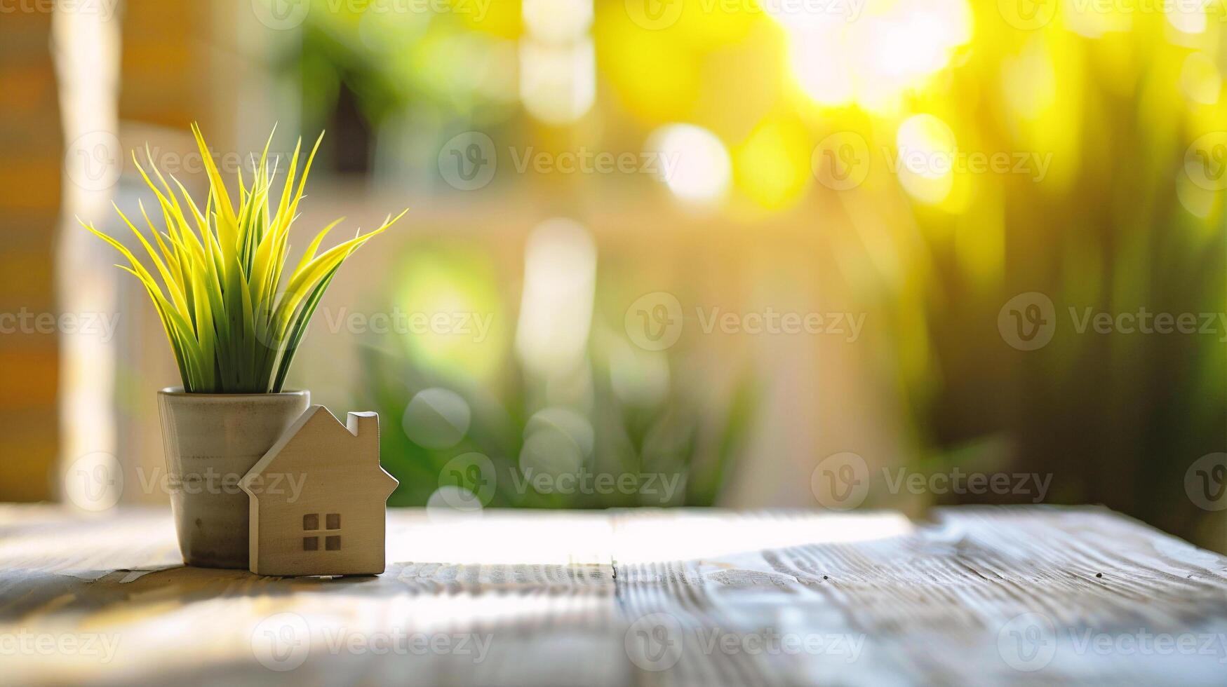 AI generated Miniature house and plant in pot on wooden table with sunlight background photo