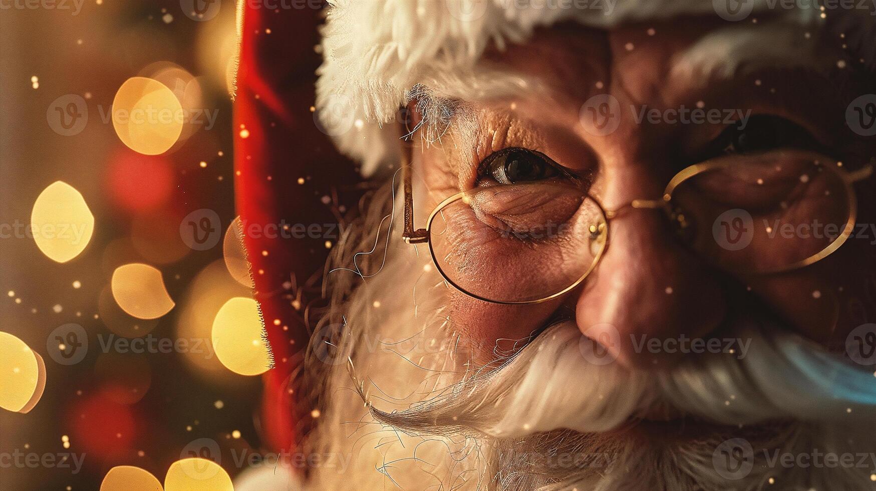 ai generado retrato de Papa Noel claus con lentes en contra desenfocado luces en antecedentes foto