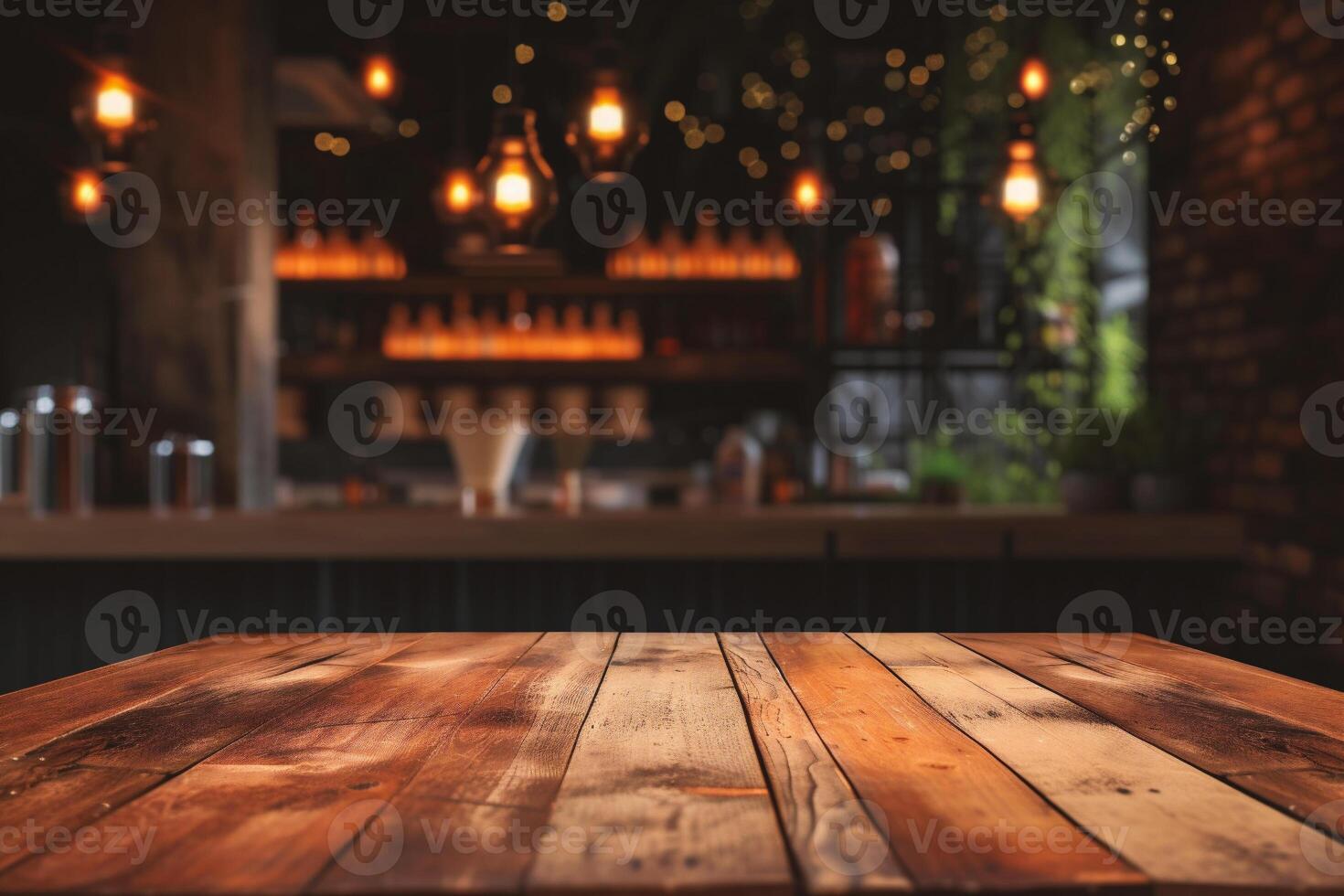 AI generated Empty wooden table and Coffee shop blur background with bokeh photo