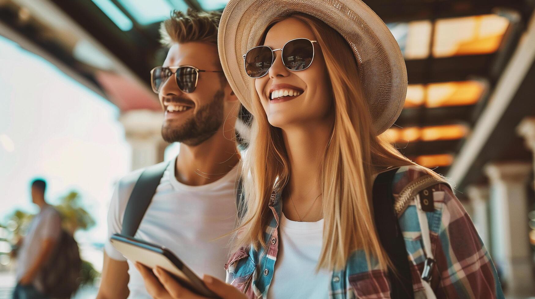 AI generated Handsome young couple is using mobile phone and smiling while traveling together photo
