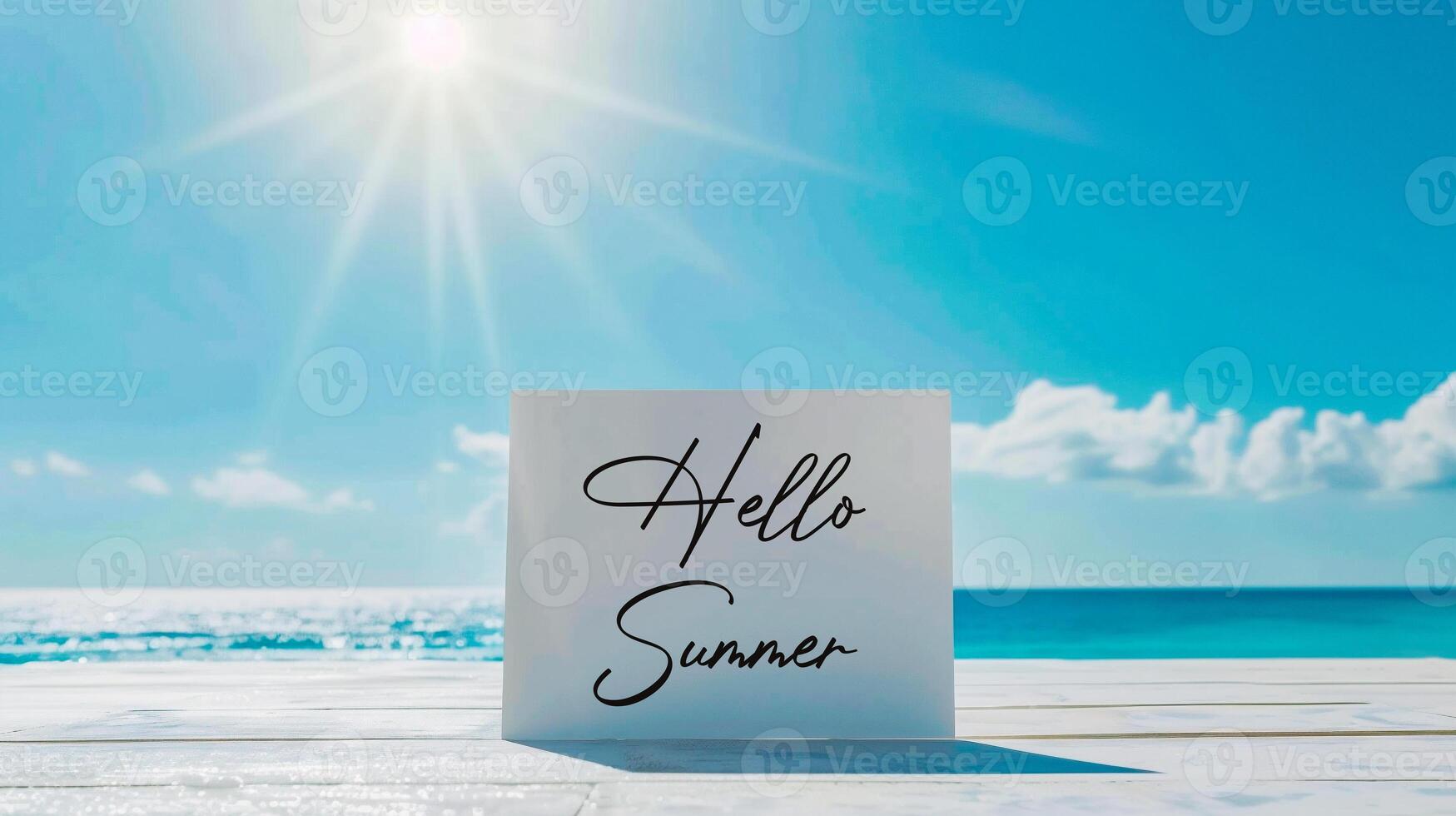 AI generated Hello summer text on white paper card over blue sky and sea background photo