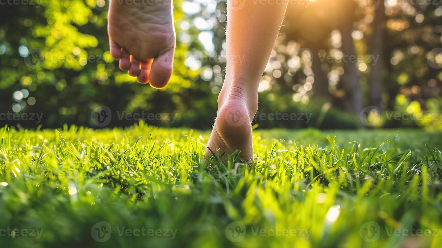 AI generated Close up of woman legs walking on green grass in the park. photo