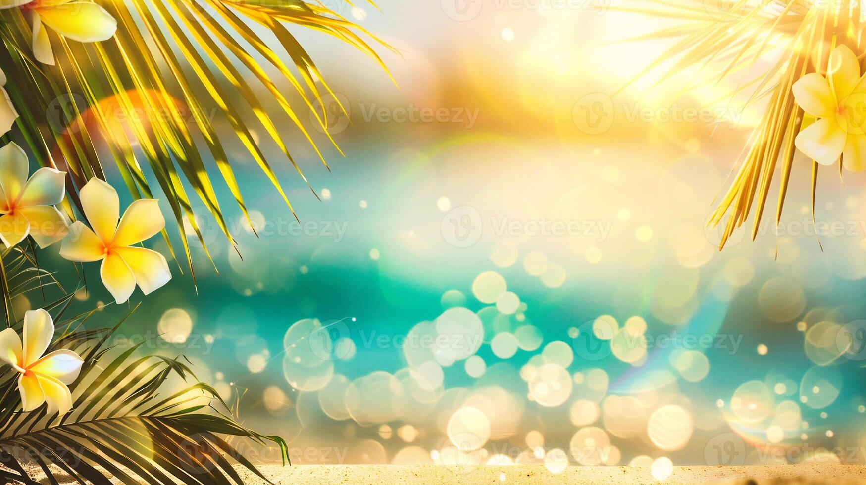 AI generated Tropical beach with palm leaves and frangipani flowers photo