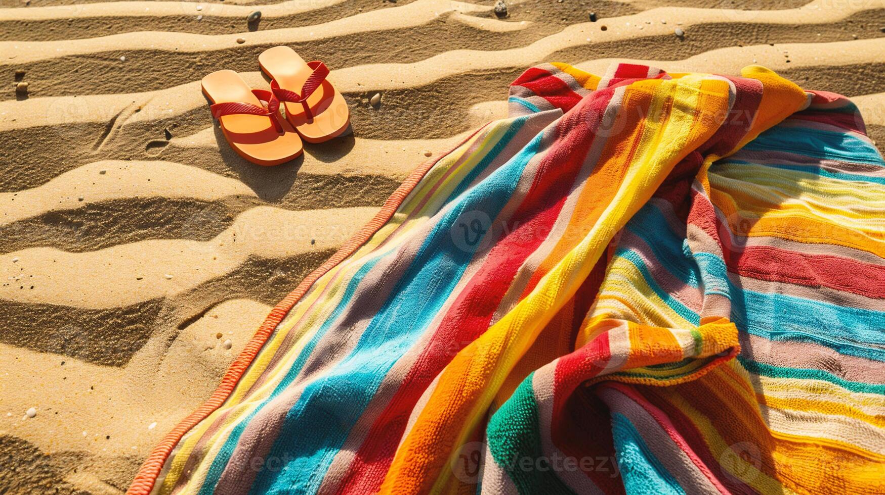 AI generated Beach towel, flip flops and sunglasses on sand at sunset photo