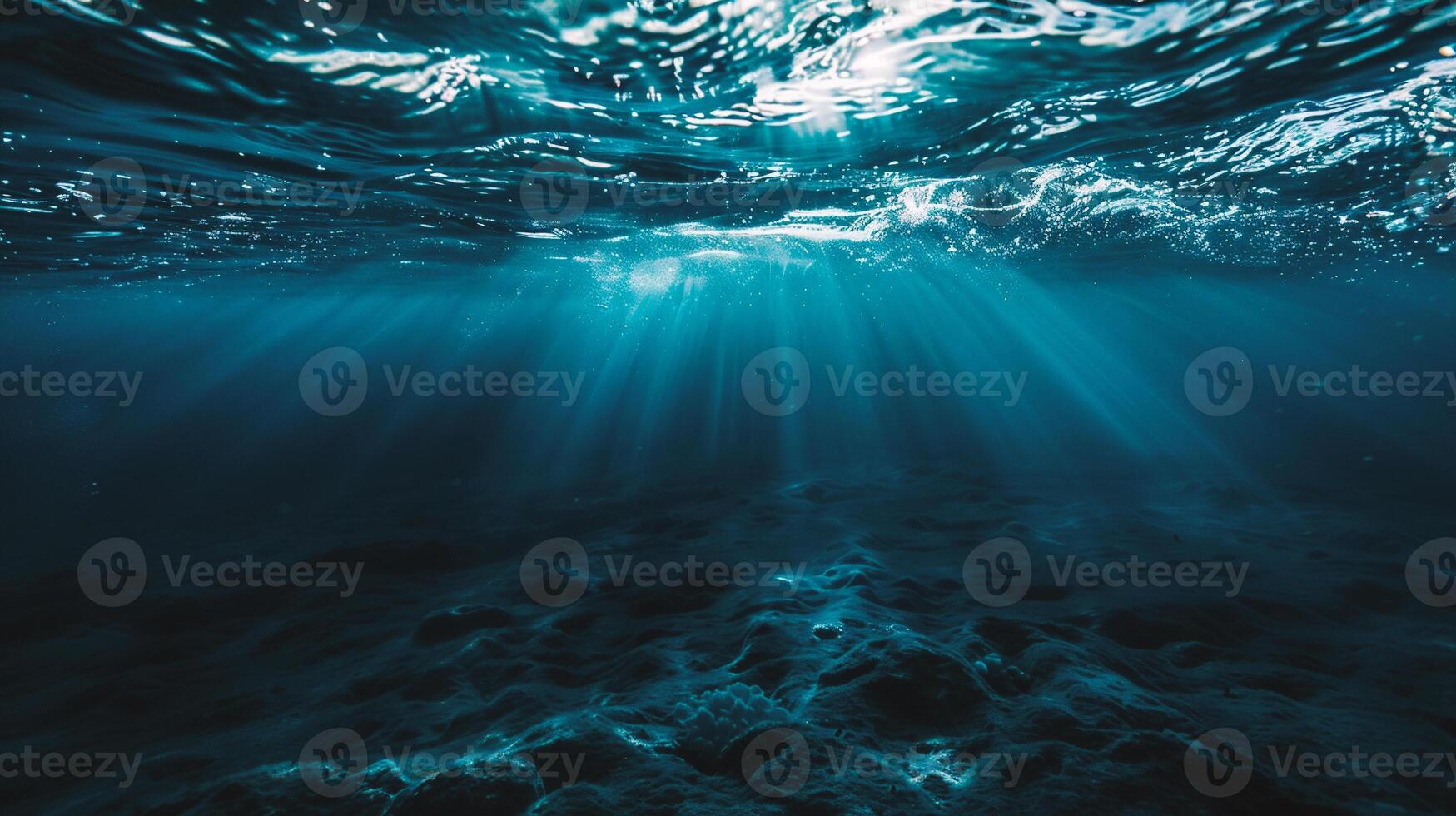 ai generado submarino ver de el mar superficie con rayos de sol y rayos foto