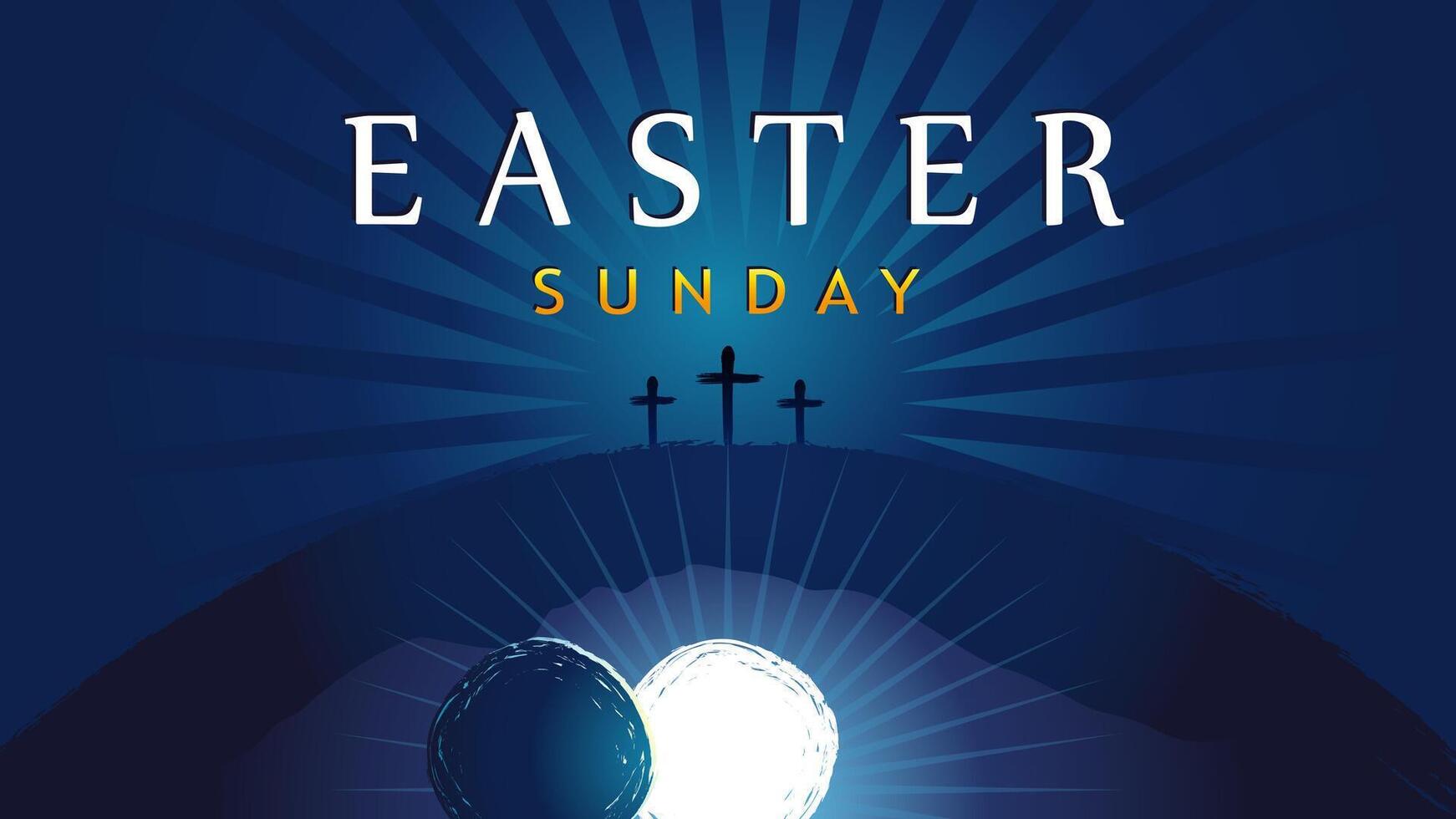 Easter Sunday illustration - tomb and three crosses. Calvary landscape. Vector image.