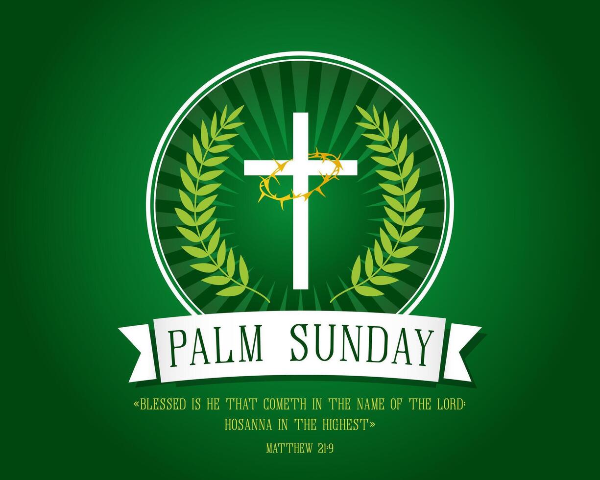 Palm Sunday illustration with Jesus cross, green palm leaves and ribbon. Creative icon vector