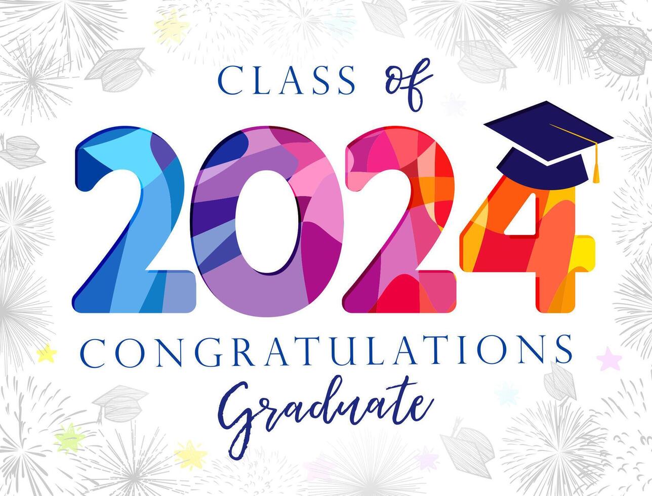 Cute graduating postcard for class of 2024 graduates. Invitation design. Educational festive background and trendy number with academic cap, Handdrawn style elements. vector