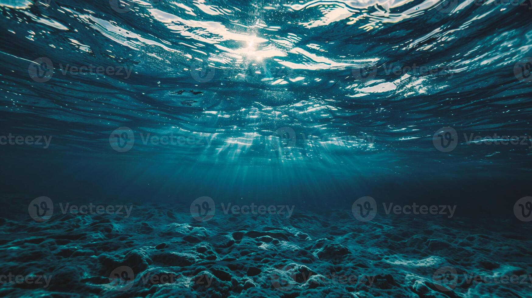 ai generado submarino ver de el mar superficie con rayos de sol y rayos foto