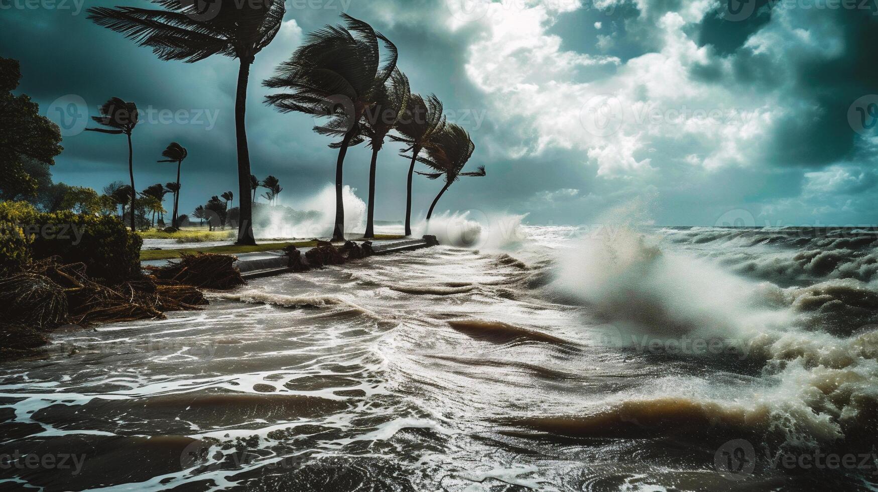AI generated Beautiful view of a stormy ocean with palm trees and waves photo