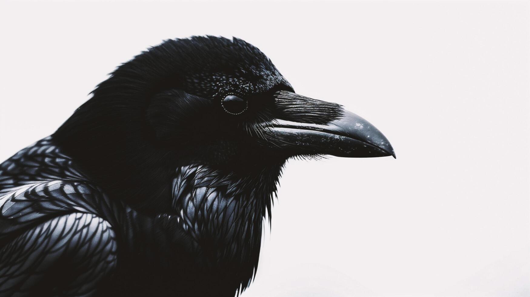 ai generado de cerca de un negro cuervo en un blanco fondo, monocromo foto