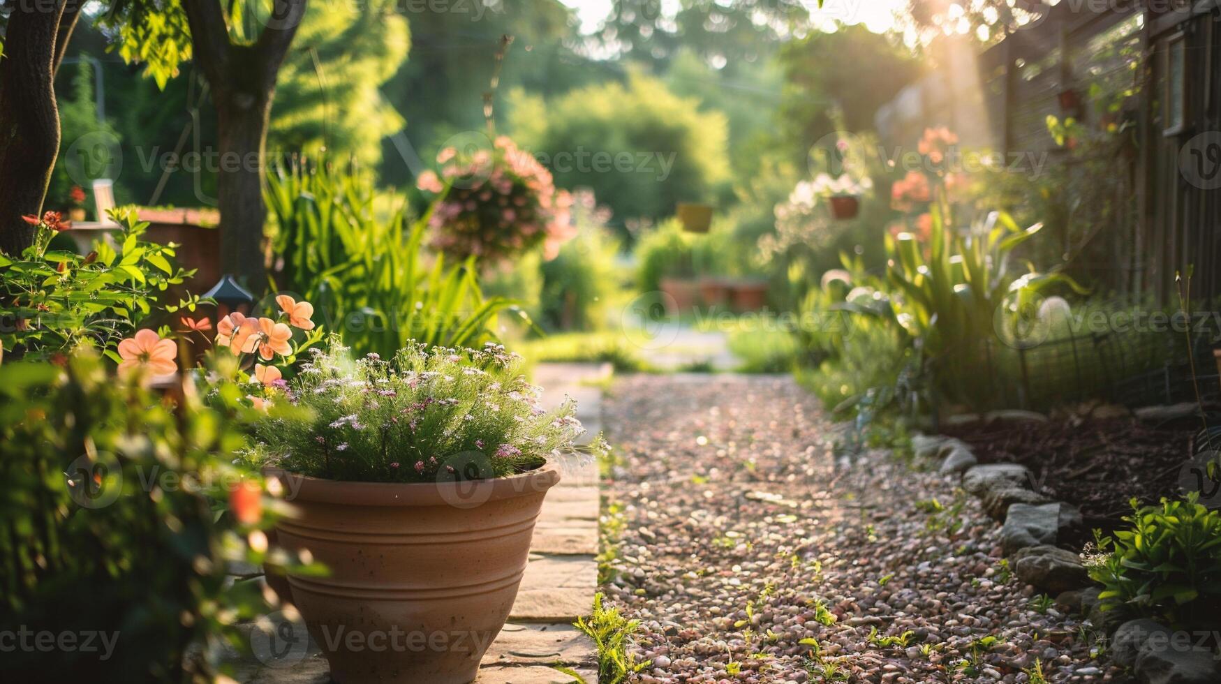 AI generated Colorful flowerbed in the garden at sunset. Beautiful summer landscape. photo