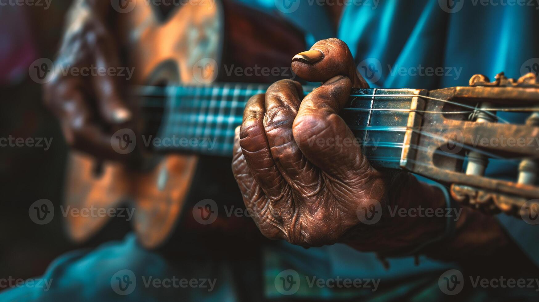 ai generado cerca arriba de un hombre jugando acústico guitarra. cerca arriba de el manos de un hombre jugando el guitarra. foto