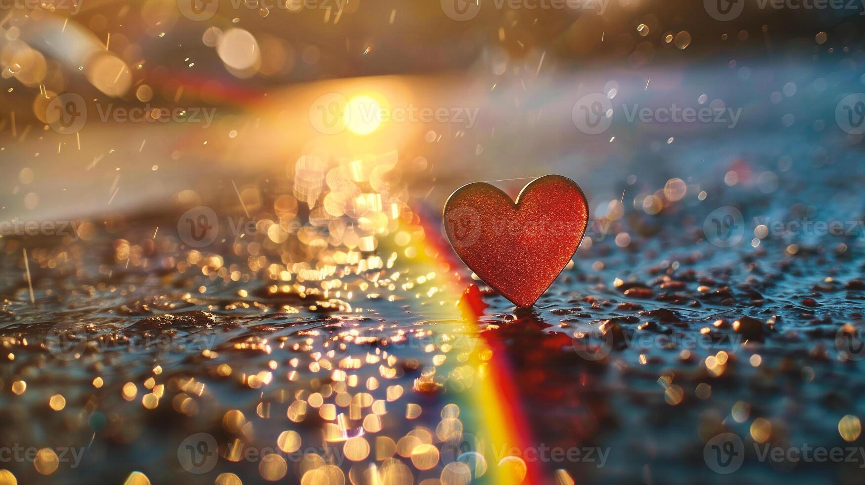 AI generated Valentine's day background. Red heart on raindrops. photo