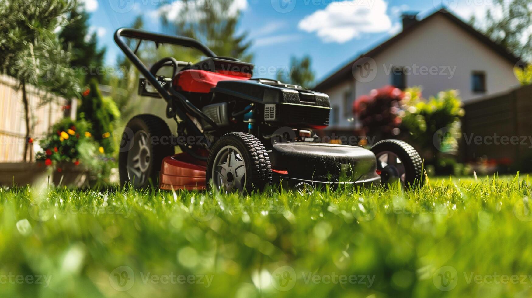 AI generated Lawn mower on green grass in the garden. Gardening concept. photo