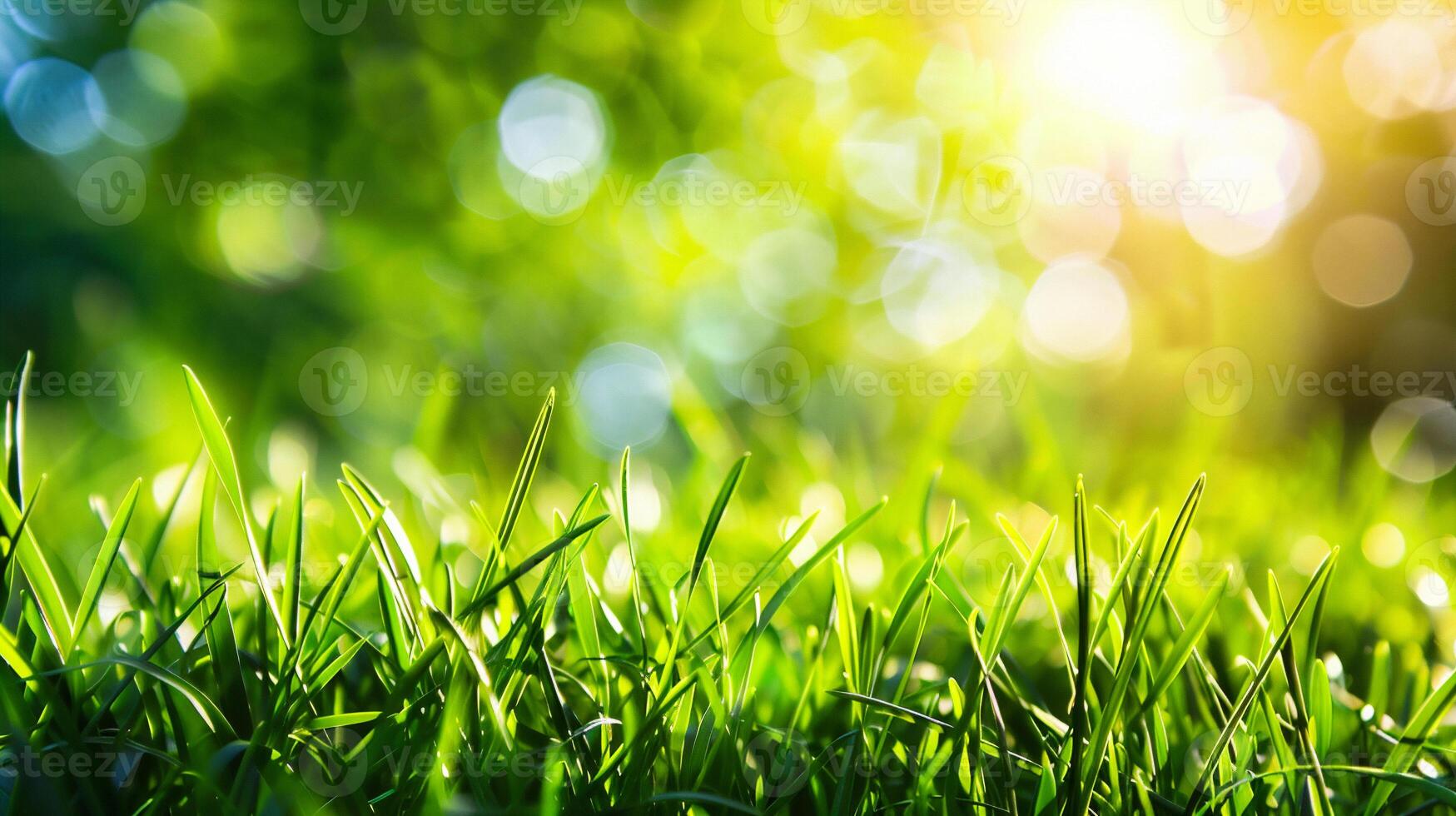 AI generated Green grass with dew drops in the sunlight. Natural background. photo