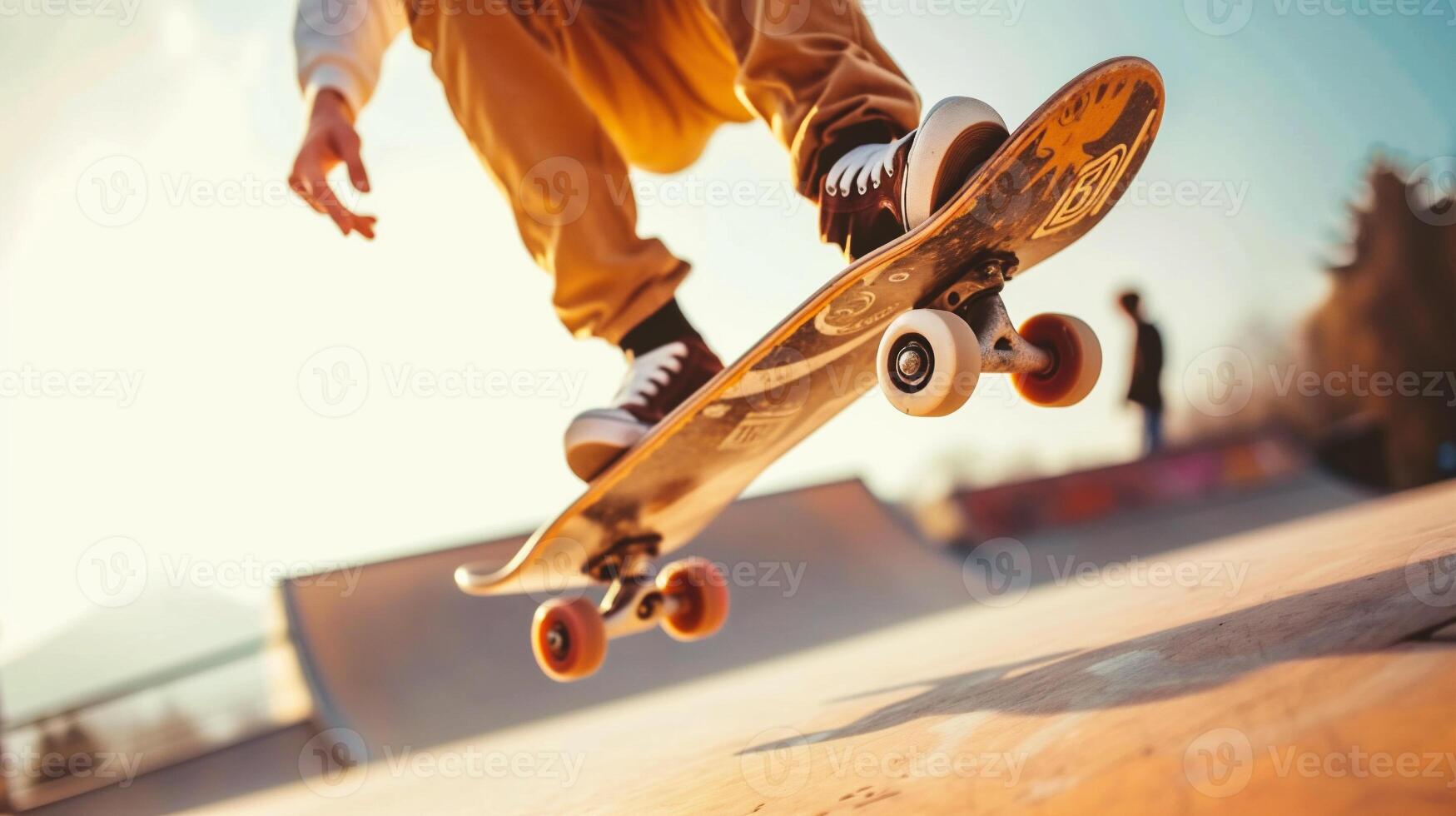 AI generated Skateboarder riding a skateboard on a skatepark ramp photo