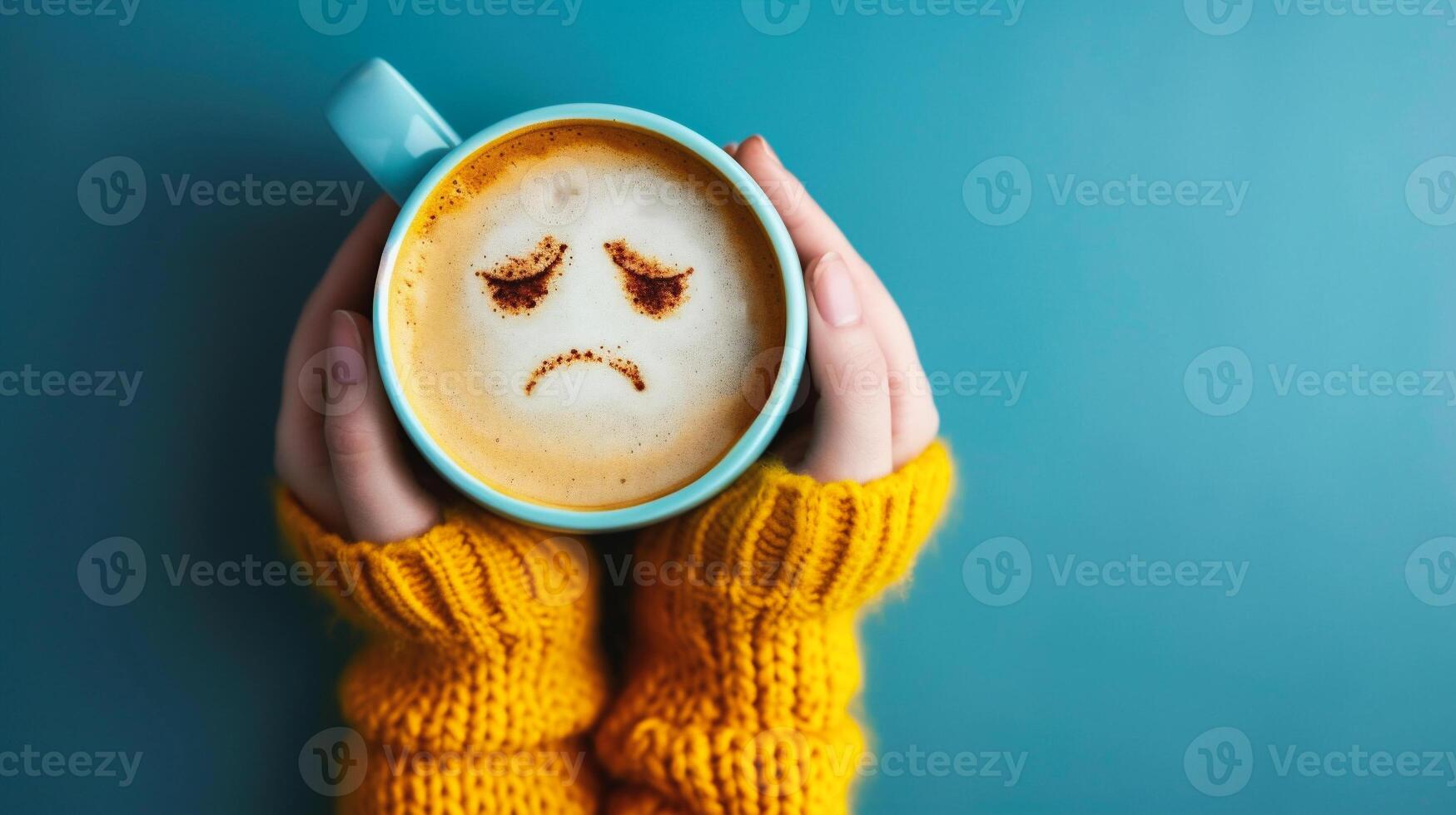 AI generated Woman holding a cup of coffee with a sad face on it photo