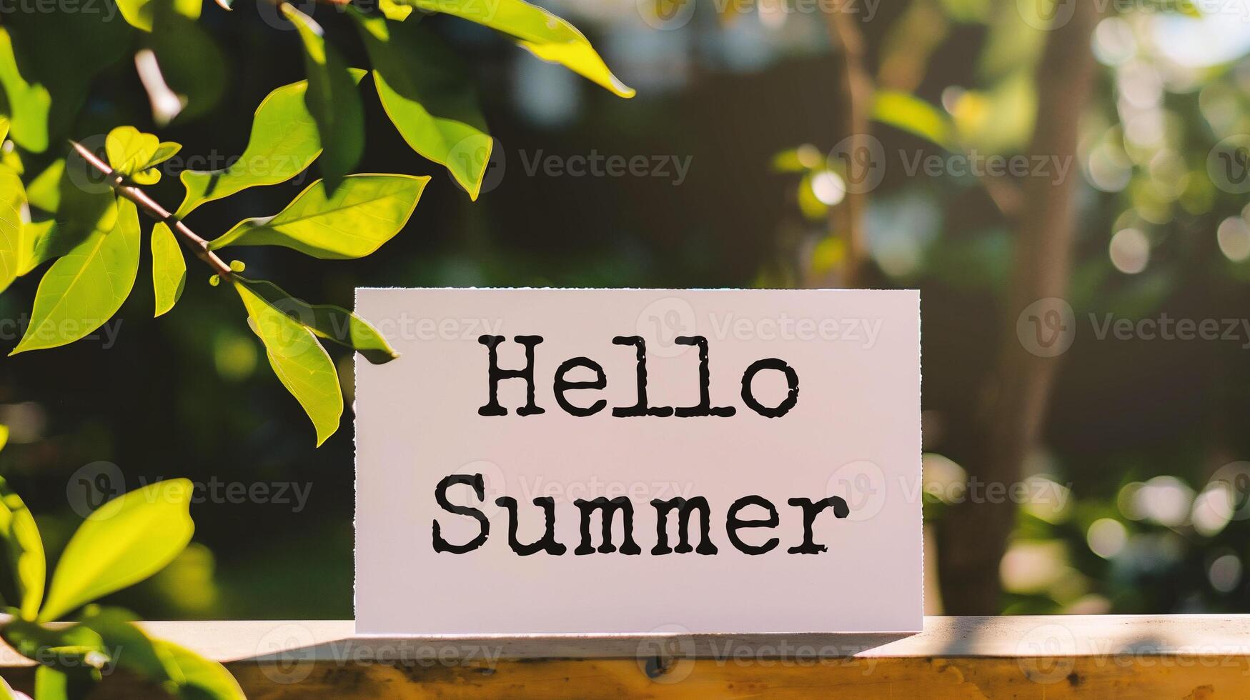 AI generated Hello Summer text on white paper with green leaves in the background photo